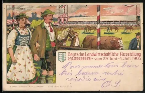 Lithographie München, Deutsche Landwirtschaftsausstellung 1905. Vorführen von Zucht- und Herdentieren