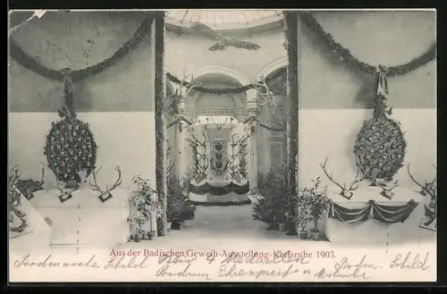 AK Karlsruhe, Badische Geweih-Ausstellung 1903, Innenansicht der Ausstellung