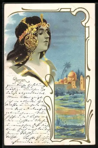 Lithographie Iran, Persische Prinzessin mit Schmuck