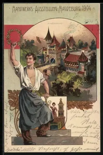 Lithographie Magdeburg, Handwerks-Ausstellung 1904, Ausstellungsgelände mit Schmied & Wappen