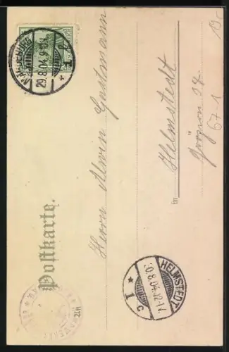 Lithographie Magdeburg, Handwerks-Ausstellung 1904, Ausstellungsgelände mit Schmied & Wappen