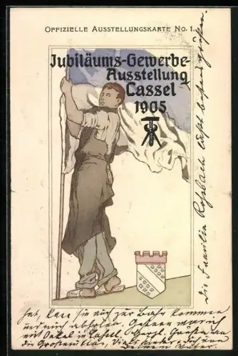 Künstler-AK Kassel, Jubiläums-Gewerbe-Ausstellung 1905, Ofizielle Ausstellungskarte No. 1, Arbeiter mit Fahne