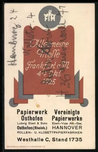 AK Frankfurt a. M., Allgemeine Messe 1925, Papierwerk Osthofen, Vereinigte Papierwerke
