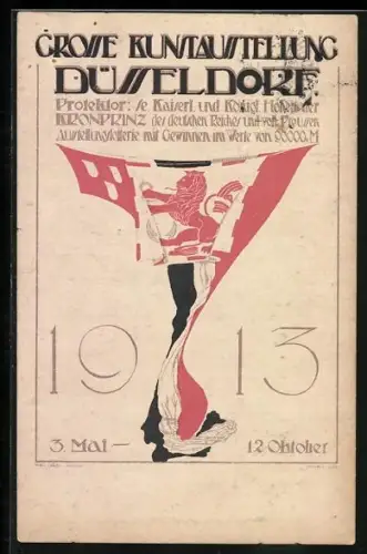 AK Düsseldorf, Grosse Kunstausstellung 1913, Fahne des Kaiserreichs und Düsseldorfer Wappen
