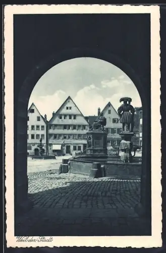 AK Weil der Stadt, Marktplatz mit Keplerdenkmal und Brunnen