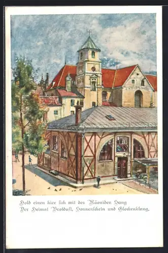 Künstler-AK München-Sendling, Jahrhundertfeier des Ludwigs-Gymnasiums 1924, Blick zur Kirche