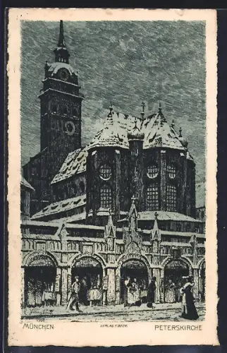 Künstler-AK München, Die schneebedeckte Peterskirche