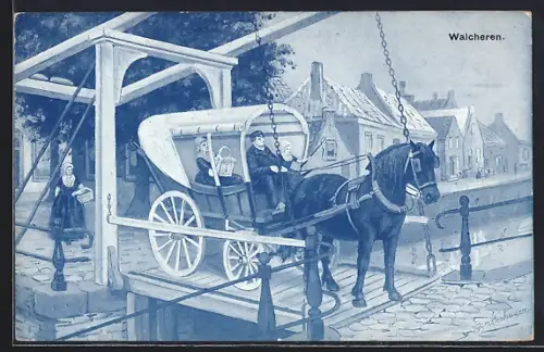 Künstler-AK Johan Georg Gerstenhauer: Planwagen auf der Zugbrücke