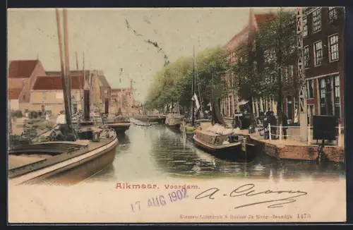 AK Alkmaar, Voordam, Gracht mit Booten