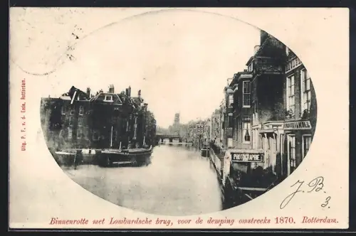 AK Rotterdam, Binnenrotte met Lombardsche brug, voor de demping omstreeks 1870