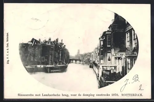 AK Rotterdam, Binnenrotte met Lombardsche brug, voor de demping omstreeks 1870