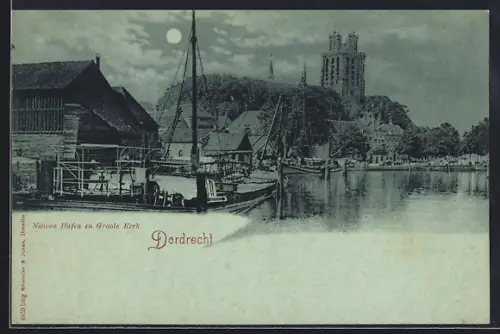 Mondschein-AK Dordrecht, Nieuwe Hafen en Groote Kerk