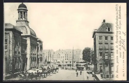 AK Rotterdam, De Beurs gezien van de Beursbrug afgebroken in 1872 naar de Kolk en het Steiger