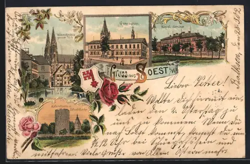 Lithographie Soest i. W., Gymnasium, Königl. Seminar, Wiesenkirche, Grosser Teich