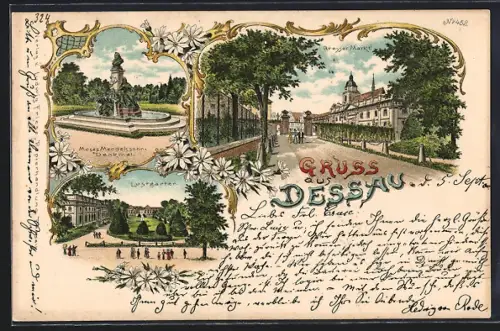 Lithographie Dessau, Lustgarten mit Wasserfontaine, Grosser Markt, Moses Medelssohn-Denkmal