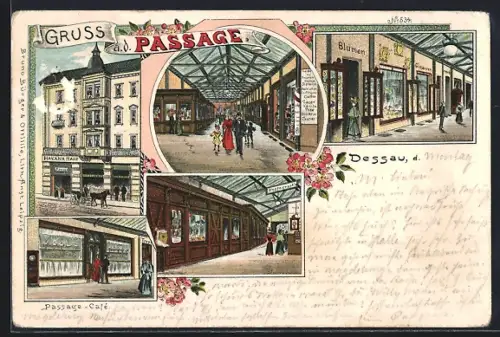 Lithographie Dessau, Passage, Passage-Café, Blumengeschäft