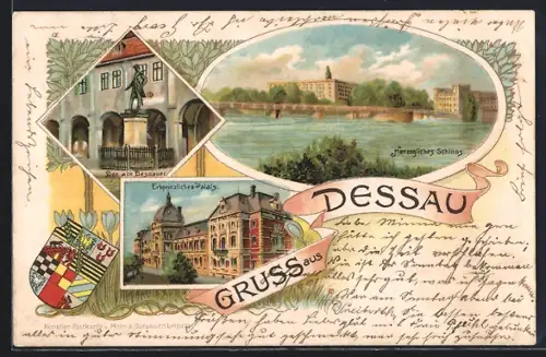 Lithographie Dessau, Der alte Dessauer, Herzogliches Schloss, Erbprinzliches Palais