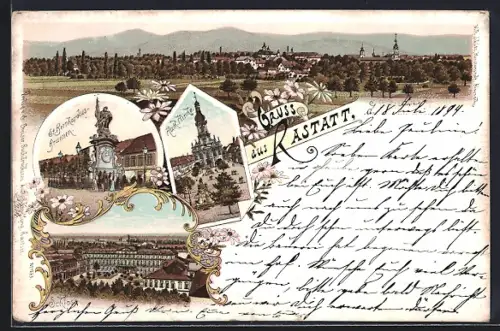 Lithographie Rastatt, Kath. Kirche, St. Bernhardus-Brunnen, Schloss