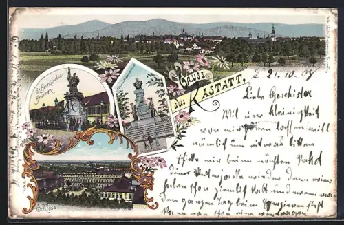 Lithographie Rastatt, Schloss, St. Bernhardus-Brunnen, Kaiser- u. Kriegerdenkmal