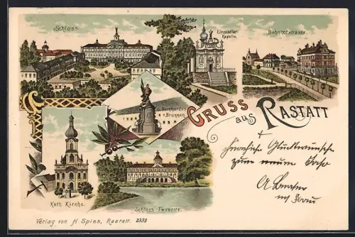 Lithographie Rastatt, Bahnhofstrasse, Schloss, Bernhardusbrunnen, Einsiedlerkapelle