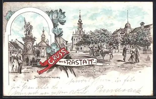 Lithographie Rastatt, Hauptstrasse mit Stadtkirche und Post, Bernhardusbrunnen