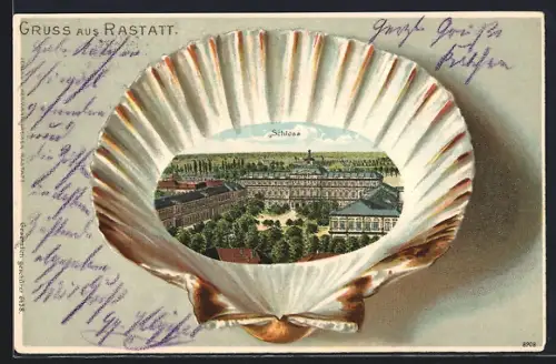 Passepartout-Lithographie Rastatt, Schloss in einer Muschel