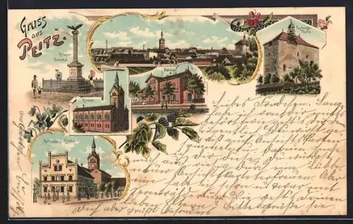 Lithographie Peitz, Bahnhof, Rathaus und Kirche, Festungs-Turm, Gesamtansicht