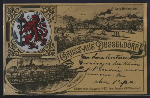 Gold-AK Düsseldorf, Alte und neue Rheinbrücke, Wappen der Stadt