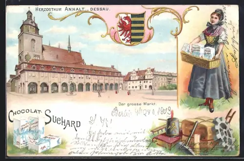 Lithographie Dessau, Chocolat Suchard, Der grosse Markt, Mädchen mit Schokolade, Wappen