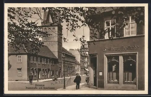 AK Dessau, Einhorn-Apotheke, Poststrasse mit Sparkasse