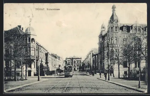 AK Dessau, Strassenbahnverkehr in der Kaiserstrasse
