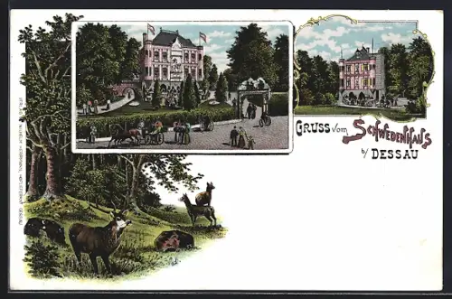 Lithographie Dessau, Gasthaus Schwedenhaus und Rotwild