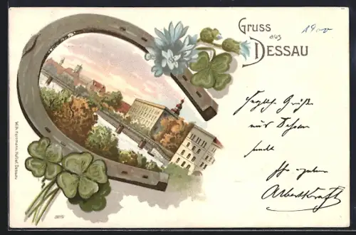 Passepartout-Lithographie Dessau, Ortspartie und Hufeisen