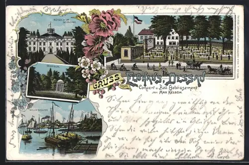 Lithographie Dessau, Concert- und Ball-Etablissement Elbhaus, Wallwitzhafen, Schloss