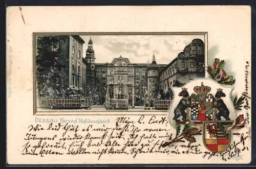 Passepartout-Lithographie Dessau, Herzogl. Residenzschloss, Wappen