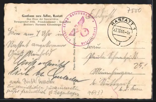 AK Rastatt, Gasthaus zum Adler, Bes. Hermann Katzenberger