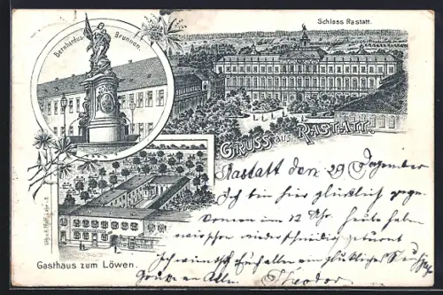 Lithographie Rastatt, Gasthaus zum Löwen, Schloss, Bernhardus-Brunnen