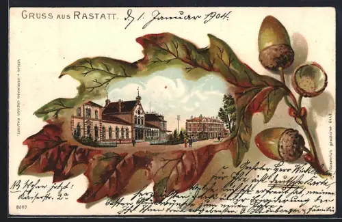 Passepartout-Lithographie Rastatt, Ortspartie im Eichenblatt