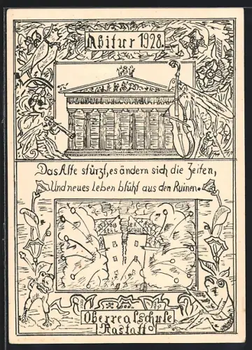 Künstler-AK Rastatt, Oberrealschule Abitur 1928, Zerbrochenes Schulgebäude
