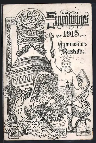 Künstler-AK Rastatt, Einjähriges am Gymnasium 1915, Krieger mit erlegtem Drachen