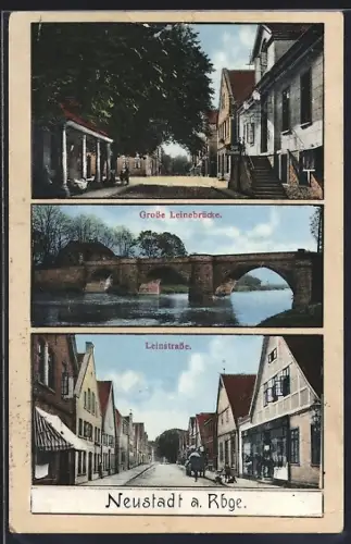 AK Neustadt a. Rbge., Ortsansicht mit Leinstrasse, Grosser Leinbrücke und Rathaus mit Wache