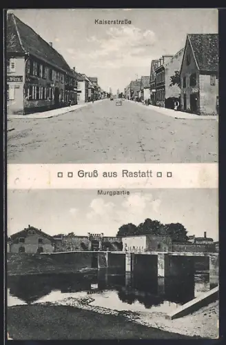 AK Rastatt, Murgpartie und Blick in die Kaiserstrasse