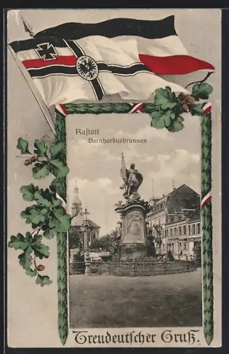 AK Rastatt, Blick auf den Bernhardusbrunnen mit Eichenlaub, Reichsfahne und Reichskriegsfahne
