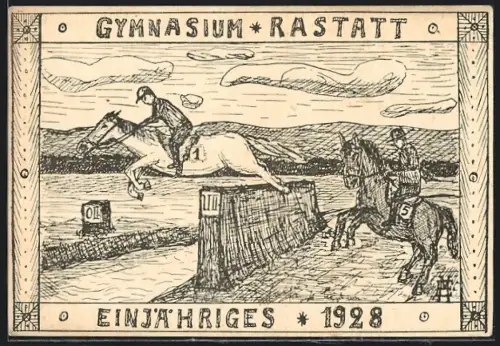 Künstler-AK Rastatt, Einjähriges am Gymnasium 1928, Reiter springen über Hindernisse