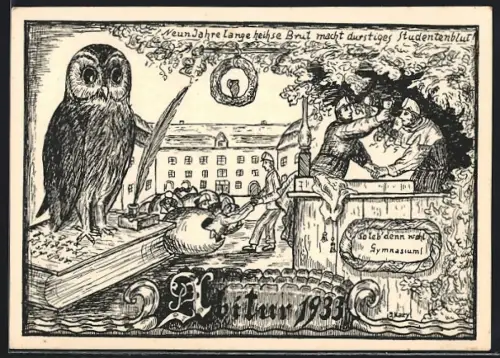 Künstler-AK Rastatt, Abitur am Ludw.-Wilh..Gymnasium 1933, Schüler schlüpfen aus Eiern, Eule auf einem Buch