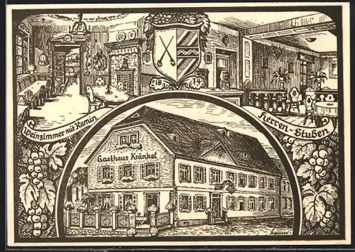 Künstler-AK Geisenheim i. Rheingau, Hotel und Weinhaus Kränkel, Innen- und Aussenansicht