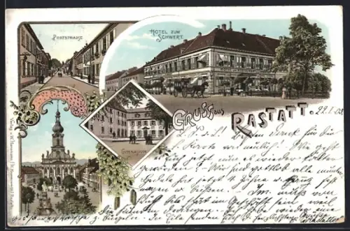 Lithographie Rastatt, Hotel zum Schwert, Poststrasse, Gymnasium, Stadtkirche