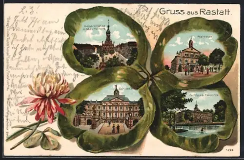 Passepartout-Lithographie Rastatt, Ortsansicht mit Schloss und Rathaus