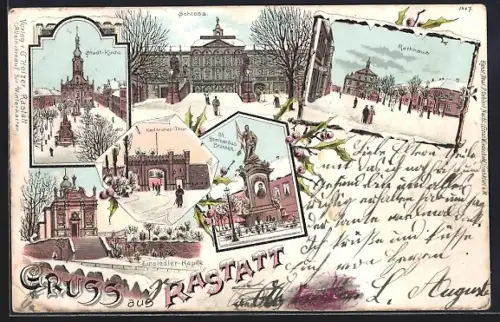 Winter-Lithographie Rastatt, Karlsruher Thor, Rathaus, Stadt-Kirche, St. Bernhardus Brunnen im Schnee