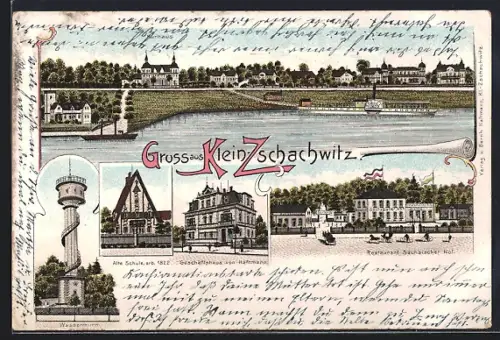 Lithographie Dresden-Zschachwitz, Restaurant Sächsischer Hof, Geschäft von Haftmann, Alte Schule, Wasserthurm